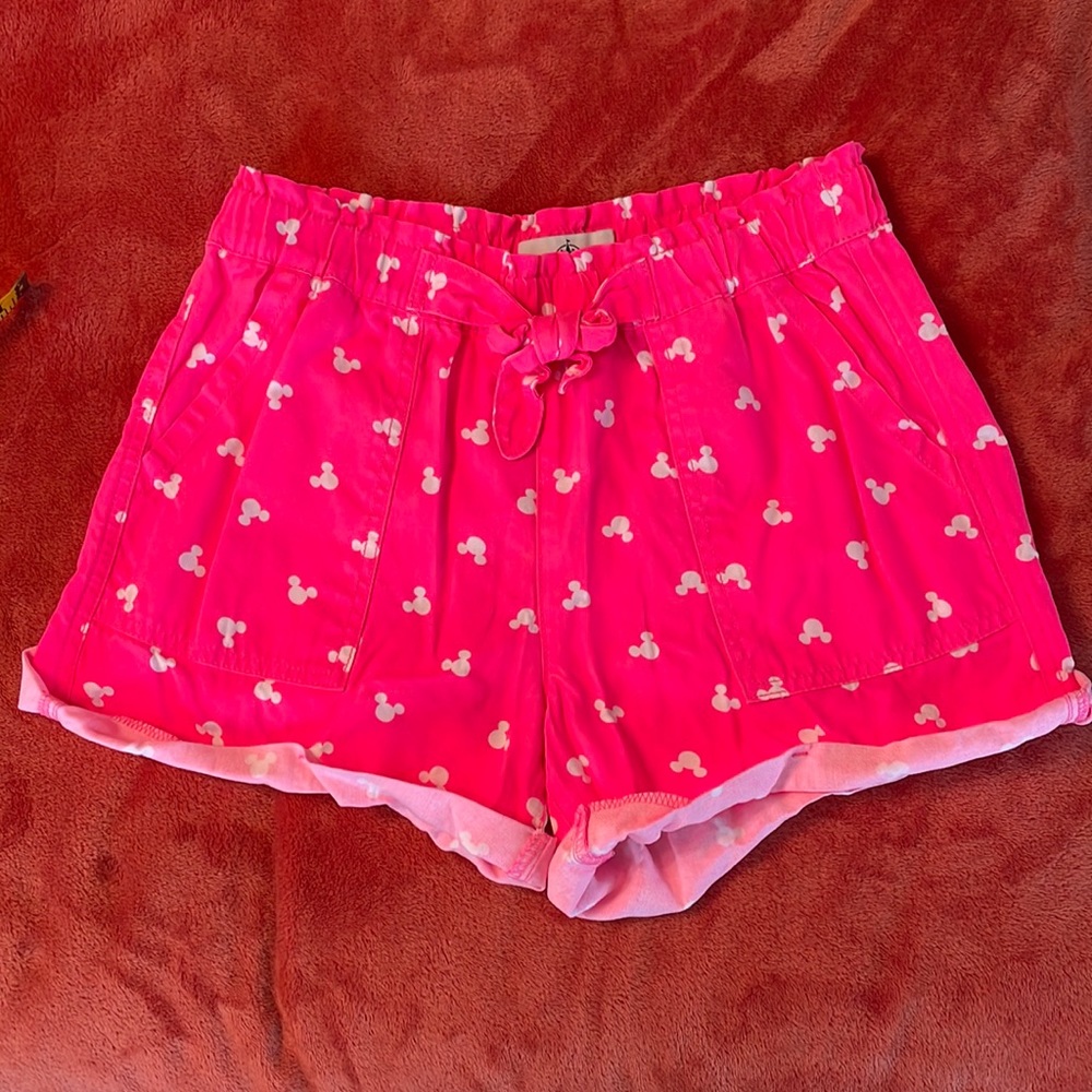 Disney Parks Hot Pink with White Mickey Head Icons Elastic High Waisted Shorts